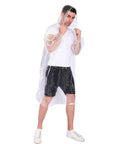 Person wearing Your Go To Disposable Rain Ponchos With Drawstring Hood For Adults, Emergency Family Pack, Clear Waterproof Ponchos
