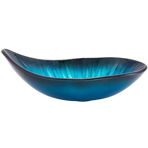 Modern Oval Glass Vessel Sink With Blue Line Stripes, Slick Countertop Washbasin Built On Badass Toughened Glass, blue bowl