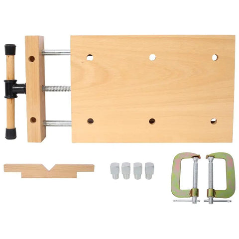 Top Tier Wood Vise For Workbench Quick Release Handle G Type Mount 78 Inch Jaw Opens Buttery Smooth with wooden and metal components.