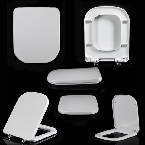 No Sweat Square Soft Close Toilet Seat With Quick Release Hinges For Easy Wipe Down And Heavy Duty Daily Use In Ultra Premium Polypropylene Crisp White Color, showing top and side angles.