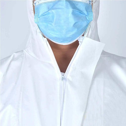 Close-up of Six Pack Disposable Protective Coveralls For Painting And Work White Lightweight SMS Material in white, zip detail