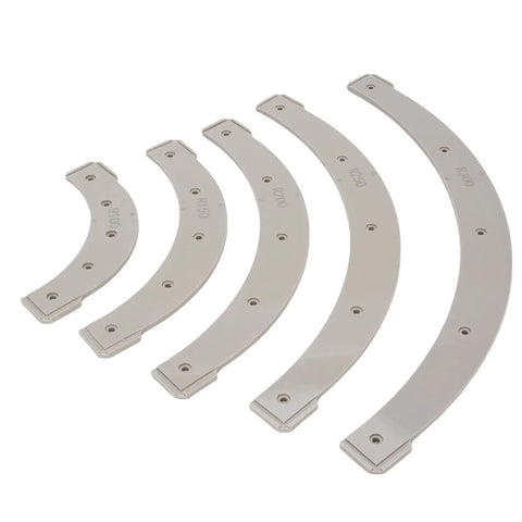 Five Piece Plastic Router Radius Template Set With Removable Jig For Dead Nuts Accurate Woodworking And Sweet Corner Trimming Across Sizes R100 R150 R200 R250 R300, curved plastic jigs.