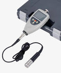 Pocket Size Surface Roughness Tester Meter With LCD Display Portable Digital Roughness Gauge Profilometer On The Go 0 To 750 Microns Range Inductive Surface Finish Tester For Quick Field And Workshop Measurements showing close-up of device and carrying case
