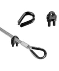 Quarter Inch Wire Rope Clamp Clip And Quarter Inch Stainless Steel Thimble Set with black finish shown with wire rope attached.