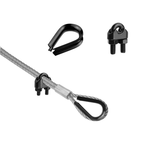 Quarter Inch Wire Rope Clamp Clip And Quarter Inch Stainless Steel Thimble Set with black finish shown with wire rope attached.