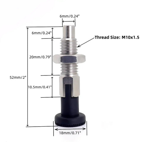 2PCS Rock Solid Push Fit Ball Nose Spring Plungers, M10x1.5 Stainless Steel Retractable Index Plunger with dimensions for easy reference.