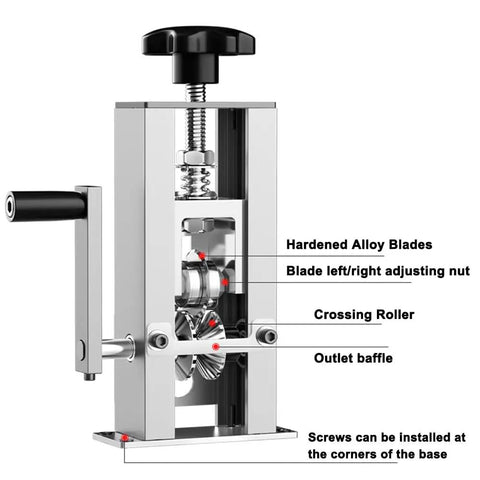 Beast Drill Powered Wire Stripping Machine For Copper Recycling With Hand Crank, aluminum frame, detailed components view.