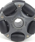 Front view of a toy omni wheel with six black rollers around a gray aluminum alloy hub, 82mm diameter
