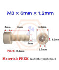 5 Pack M3 X 6mm X 1.2mm PEEK Socket Cap Hollow Screws with dimensions for high temperature use in hot rods.