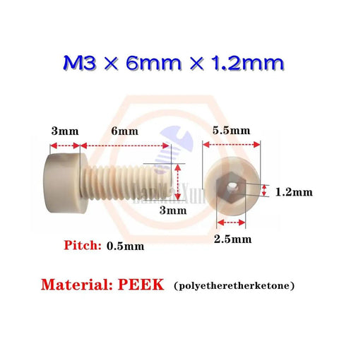 5 Pack M3 X 6mm X 1.2mm PEEK Socket Cap Hollow Screws with dimensions for high temperature use in hot rods.