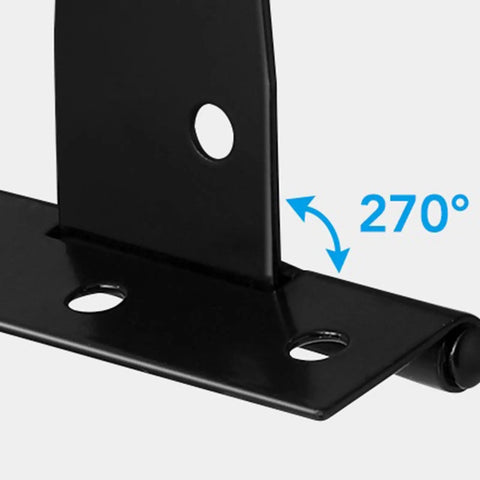 Close-up of Set Of Six 4 Inch T Shape Rustproof Iron Light Duty Shed Gate Strap Hinges For Doors And Gates Black Finish Easy Install Durable Iron Hardware For Home Use showing 270-degree rotation.