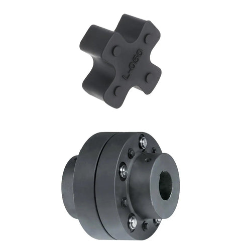 8 Piece Set L050 Solid Jaw Coupling With NBR Rubber Spider Insert 27.2x11.2mm For Pumps Fans Motors Vibration Absorption Wear Resistant Anti Aging Durable Industrial Grade, close-up and assembled view
