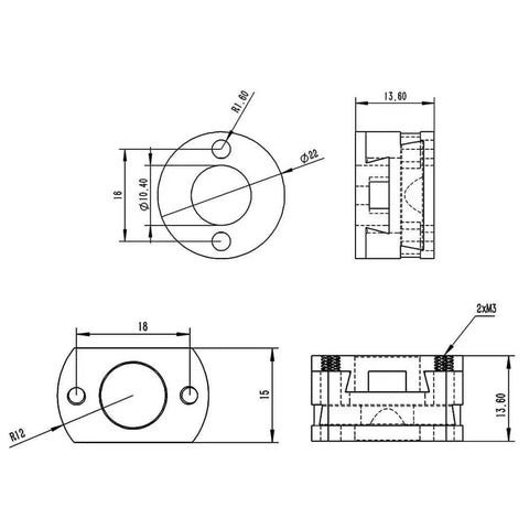 Technical drawing of Premium Round Oldham Coupling T8 For Ender 3 Z Axis Upgrade Kit With Flexible Hot Bed Brass Lead Screw Fit Smooth Transmission And Low Vibration 18mm Thread Hole 2 Pack Must Have Parts, 22mm diameter
