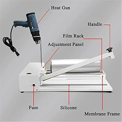 Shrink Wrapping Sealer Machine With 1800W Heat Gun For Home Shop Business Use Adjustable Temperature Settings showing heat gun and parts.