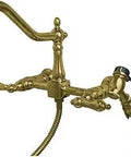 Heritage Bridge Kitchen Faucet In Polished Brass With Solid Brass Construction, Drip Free Ceramic Disc, Wall Mount, Brass Side Sprayer