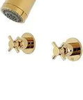 Double Handle Tub And Shower Faucet In Polished Brass With Built Tough Brass Construction Washerless Cartridge Wall Mount Half Inch NPT Connection Slick Cylindrical Design For Everyday Use.