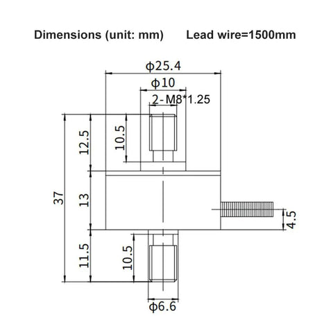 500 Kg Tension And Compression Load Cell Built For Vehicles And Tight Spots Tiny Yet Tough Low Height Sealed Sensor With Rock Solid Anti Eccentric Load Performance And Miniature Design For Precision Testing And Instrumentation In Compact Spaces, dimension drawing with lead wire