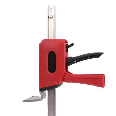 Heavy Duty Manual Cabinet Lifter And Drywall Jack Pair That Handles 330 Pounds Like A Champ While You Shift Carpentry Or Raise Doors Without Breaking A Sweat, red handle and metallic frame.