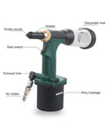 Detailed view of No Nonsense Pneumatic Hydraulic Pull Rivet Gun with labeled parts including guide nozzle and discarded rivet box.
