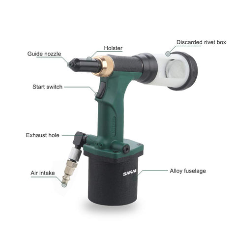 Detailed view of No Nonsense Pneumatic Hydraulic Pull Rivet Gun with labeled parts including guide nozzle and discarded rivet box.