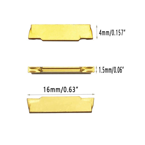 Top view of MGMN150 insert from Three Eighths Inch Grooving Tool Holder Set with dimensions 4mm x 1.5mm x 16mm.