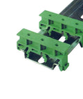 Set Of Five PCB DIN C45 Rail Adapter Brackets For Circuit Board Mounting On 35mm DIN Rail Easy To Install And Detach Bracket Carrier For Secure DIN Rail Mounting In Control Panels shown installed on a rail