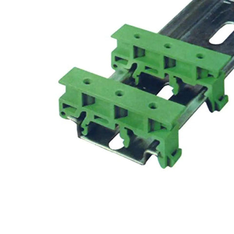 Set Of Five PCB DIN C45 Rail Adapter Brackets For Circuit Board Mounting On 35mm DIN Rail Easy To Install And Detach Bracket Carrier For Secure DIN Rail Mounting In Control Panels shown installed on a rail