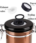 Legit Airtight Coffee Canister With Sweet Built In Scoop And Vacuum Sealed Stainless Steel Design Featuring One Way Degassing Valve Plus Handy Date Tracker Lid to show exhaust valve and sealing rubber ring.