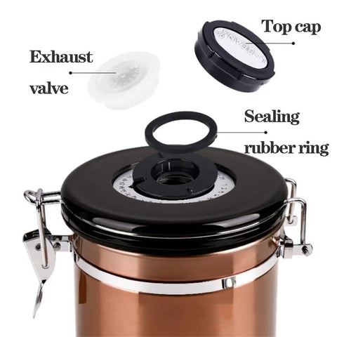 Legit Airtight Coffee Canister With Sweet Built In Scoop And Vacuum Sealed Stainless Steel Design Featuring One Way Degassing Valve Plus Handy Date Tracker Lid to show exhaust valve and sealing rubber ring.