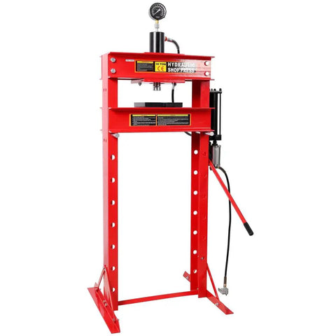 No Sweat 30 Ton Air Hydraulic Shop Press With Built In Gauge And Fast Connect Air Pump, red heavy duty steel build for auto repairs.
