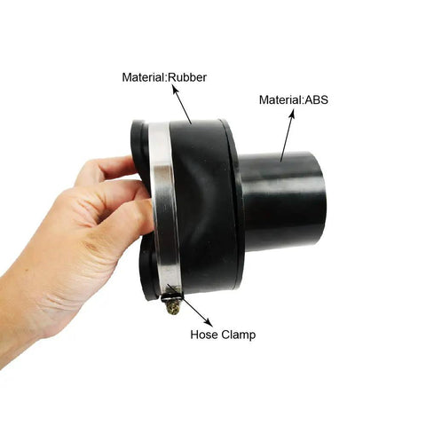 Side view of 4 Inch To 2-1/4 Inch Dust Collector Reducer Adapter For Shop Vac Hoses With ABS End Rubber Boot And Steel Hose Clamp.