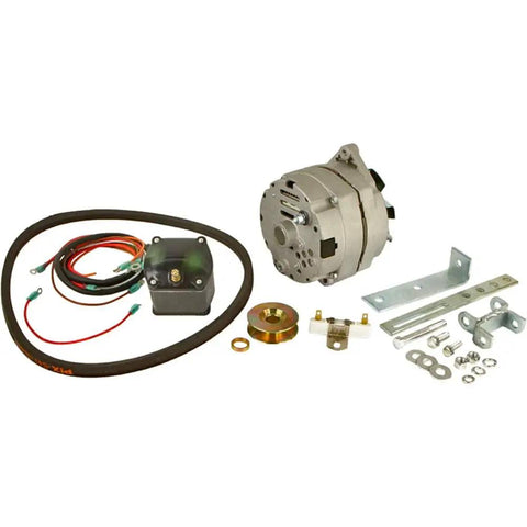 Ford Tractor Alternator Kit Plug And Play 12V 63A For 8N 2N 9N Early Tractors 1939 To 1951 Generator Conversion Replacement With One Year Warranty And OEM Style Specs. Image of alternator kit with wires, brackets, and mounting hardware.