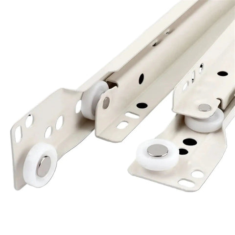 Heavy Duty Side Mount Ball Bearing Drawer Slides 14 Inch Pair Smooth As Silk Cabinet Tracks showing steel tracks and white rollers.