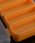Close-up of Double Sided 13 Compartment Hardware Box Organizer for screws, nuts, bolts with a transparent lid and durable yellow plastic.