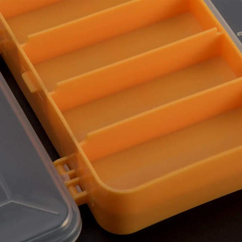 Close-up of Double Sided 13 Compartment Hardware Box Organizer for screws, nuts, bolts with a transparent lid and durable yellow plastic.