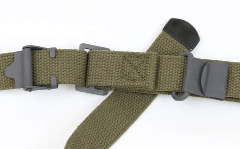 Green Web Sling For M1 Garand USGI Pattern Two Point OD Cotton Made In USA With Parkerized Steel Hardware close-up view.