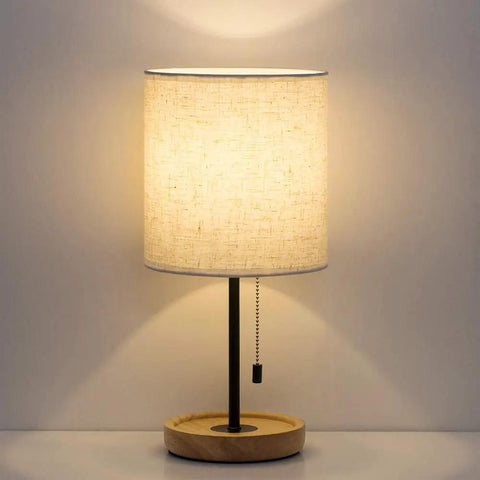 Modern Wood Bedside Lamp With Linen Fabric Shade And Sturdy Base, Space Saving Nightstand Light For Bedroom Or Dorm, 16 Inch Tall