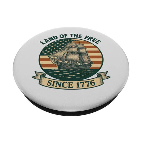 Patriotic US Flag Retro Sailboat PopGrip Adhesive Phone Grip For Independence Day And Everyday Americana Fans Land Of The Free Since 1776 Red White And Blue Pride Accessory with vintage ship design
