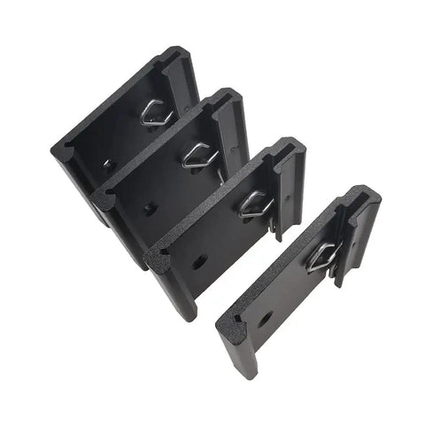 Four black DIN Rail Mounting Clip One And Three Quarter Inch Width Universal Aluminum Alloy Bracket Snap In Fixed Clamp For 35mm Slotted DIN Rail