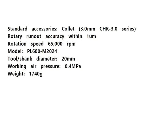 Specifications of PL600 M2040 Internal Grinding Spindle Pneumatic High Speed Motor, highlighting speed and model.