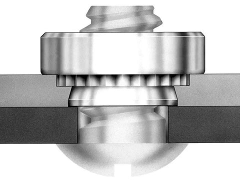 Close-up view of 25 Pack Self-Clinching Nuts Press-In Sheet Metal Fasteners Stainless Steel secured in metal panels.
