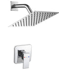 Single Function Shower Trim Kit With Rough In Valve In Polished Chrome Square Stainless Steel Rain Shower Head Brass Wall Mount Valve Half Inch NPT Luxury Adjustable Rainfall Shower System No Fuss Install, showing square shower head and valve.