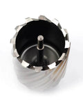 Annular cutter with Weldon shank, 3/4 inch diameter, cutting-teeth around rim and central pilot pin.