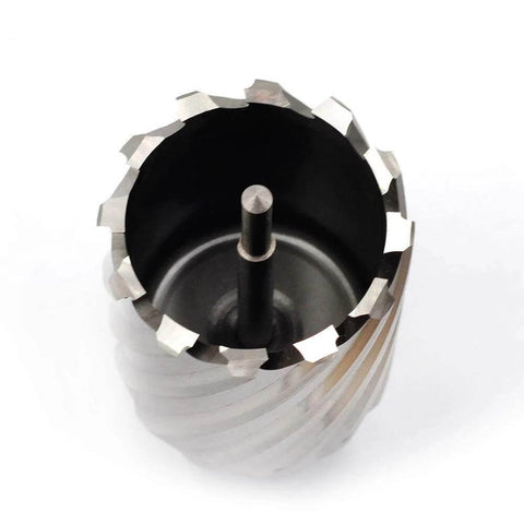 Annular cutter with Weldon shank, 3/4 inch diameter, cutting-teeth around rim and central pilot pin.