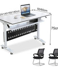 Top Shelf Flip Top Mobile Training Table And Two Chair Set with white laminate surface and tough rolling casters, 120-180cm size.