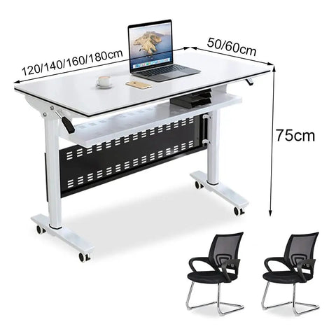 Top Shelf Flip Top Mobile Training Table And Two Chair Set with white laminate surface and tough rolling casters, 120-180cm size.