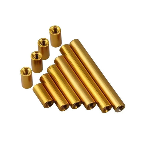 10 Piece Anodized Aluminum Standoff Spacer Kit In M2 And M2.5 Sizes With 6mm Threading For Drones And 3D Printers showing gold spacers.