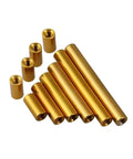 Ten Piece M2 M2.5 Black Anodized Aluminum Standoff Spacer Kit Featuring Ultra Snug Threading Perfect For Drone Mods 3D Printer Upgrades And Shop Fixes Drop Dead Solid Pro Hardware, showing various sizes of gold aluminum spacers.