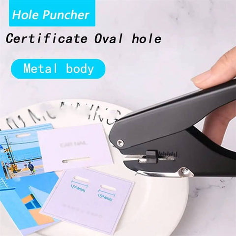 Metal Oval Single Hole Punch 4 15mm Hole Puncher with Lever Action in use on paper, durable metal body, punches up to 10 sheets