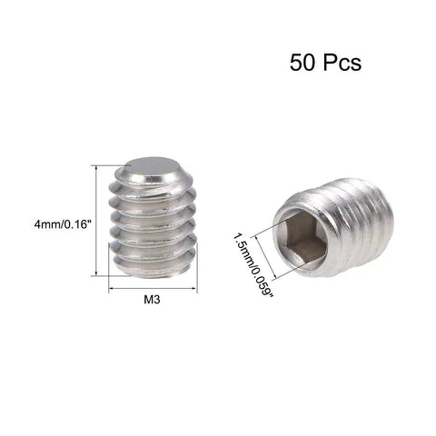 50 Pack M3 X 4mm Internal Hex Socket Grub Set Screws With Flat Point Crafted Tough From Solid 304 Stainless Steel showing dimensions.
